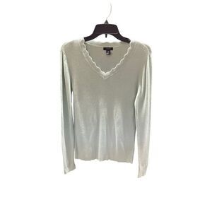 Halogen Sweater Scalloped V-Neck Cuffs Hem Light Green Lightweight Medium